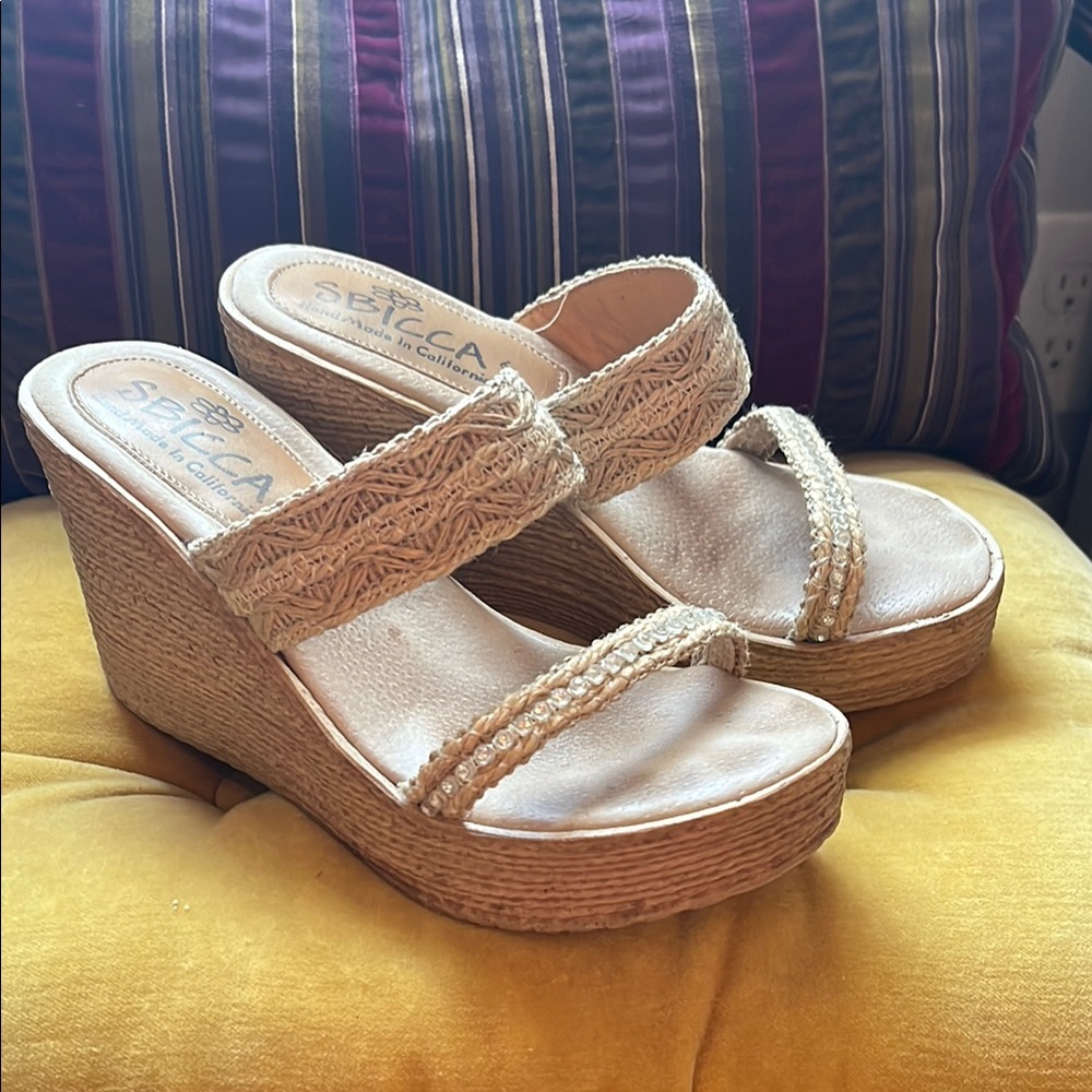 Sbicca Tan Wedge Sandals with Braided Texture